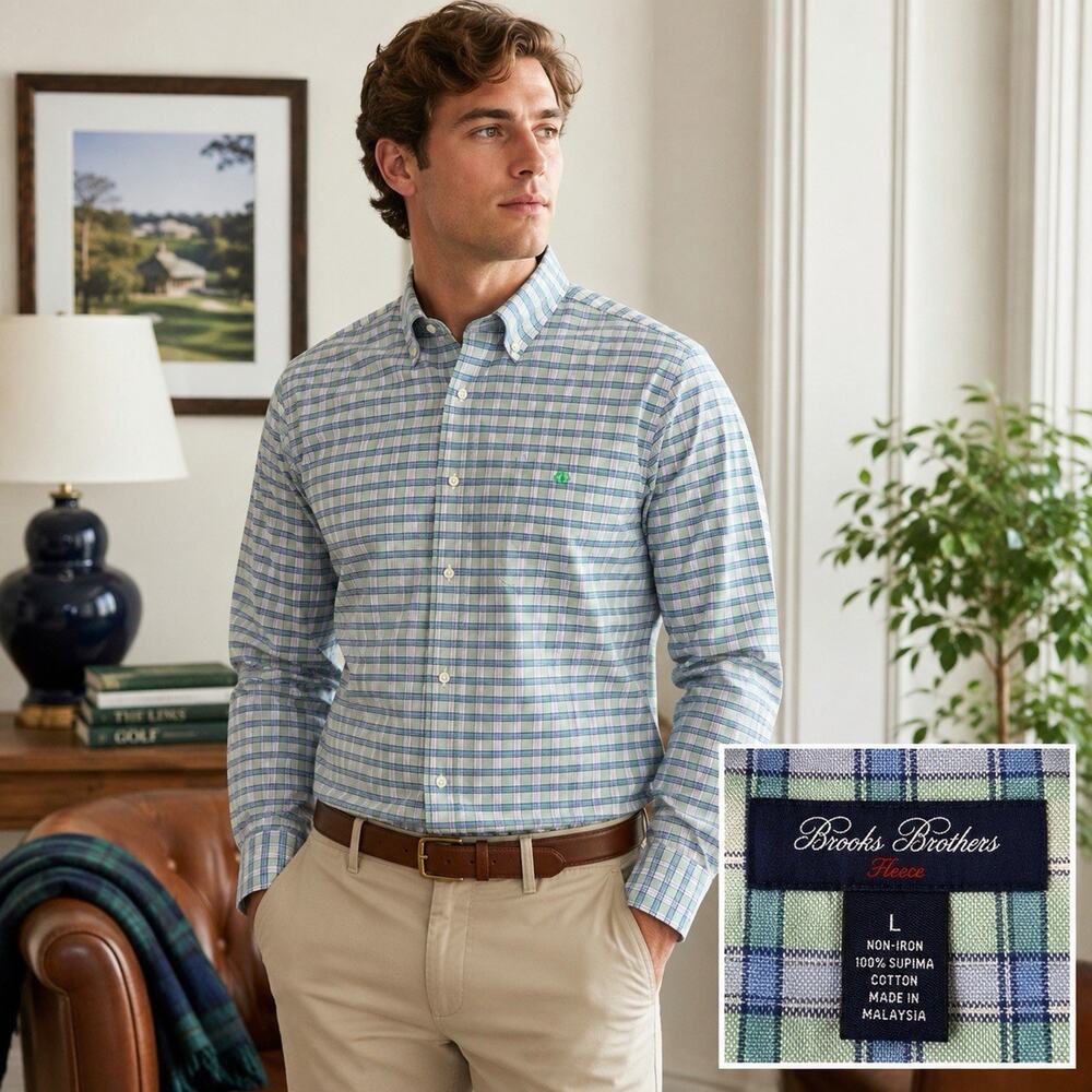 Brooks Brothers Red Fleece L Supima Cotton Blue Green Plaid Button Down Shirt